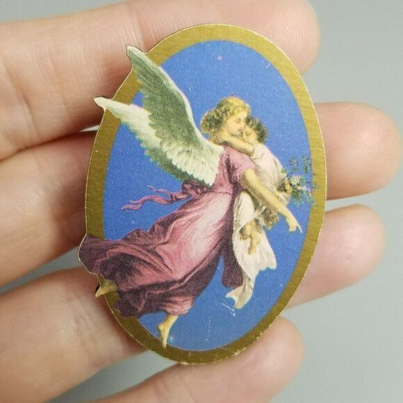 Vintage Jewelry - Vintage Guardian Angel Blue Pink Winged Cherub Oval Brooch, Estate Lapel Pin